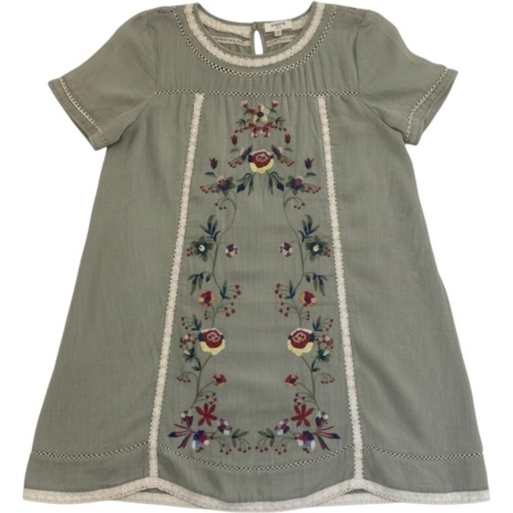 Umgee Dress Women's M Sage Green Floral Tunic Embroidered Lace Trim Boho Lined